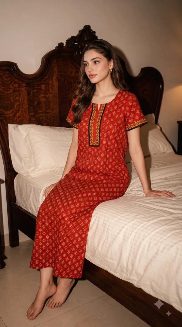 Maroon_Cotton_Short_Sleeves_Long_Maxi_Night_Gown