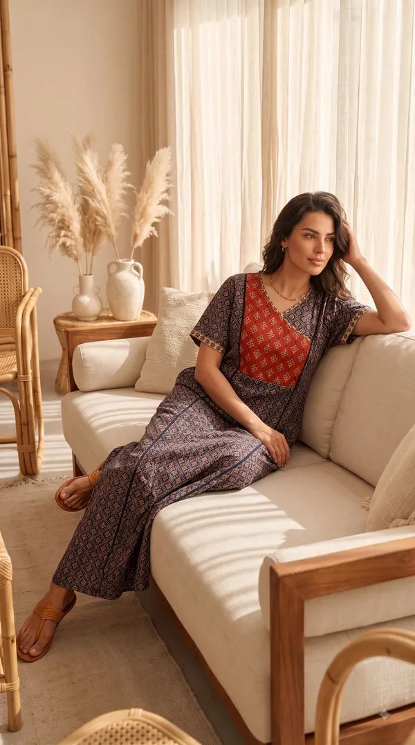 Evolove_Cotton_Nighty_Maxi_For_Women_With_Side_Pocket_|Contrast_Yoke_Patch_Print_|_V-Neck_Printed_Short_Sleeves_Full_Length_Night_Wear_Gown_Denim_Blue_(Angrakha_Style)