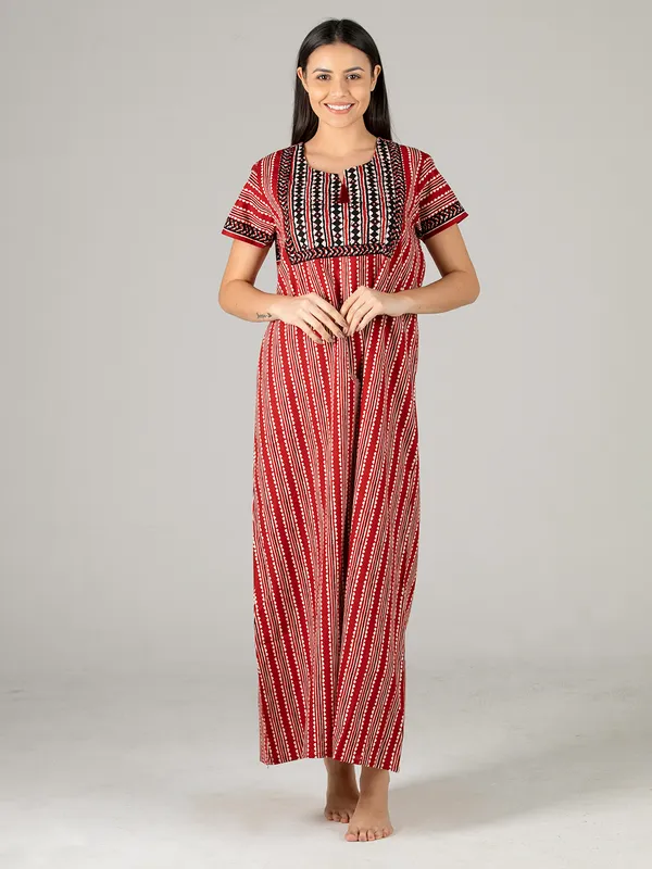 Evolove_Women's_Red_Cotton_Printed_Nighty_|_Soft_Breathable_Full_Length_Night_Gown_with_Contrast_Bib_Yoke_&_Tassel_|_Daily_Wear_Loungewear