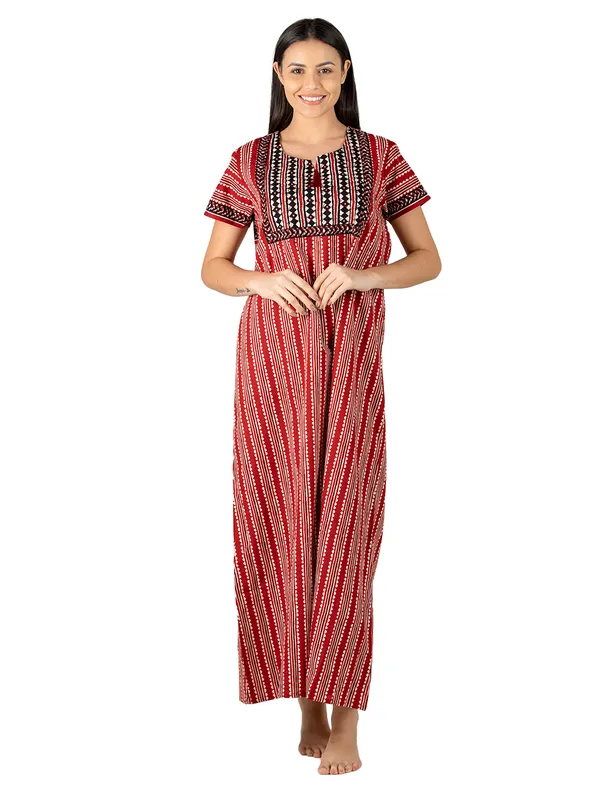 Evolove_Women's_Red_Cotton_Printed_Nighty_|_Soft_Breathable_Full_Length_Night_Gown_with_Contrast_Bib_Yoke_&_Tassel_|_Daily_Wear_Loungewear