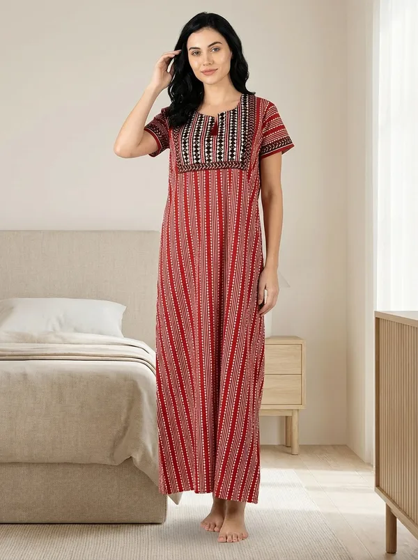 Evolove_Women's_Red_Cotton_Printed_Nighty_|_Soft_Breathable_Full_Length_Night_Gown_with_Contrast_Bib_Yoke_&_Tassel_|_Daily_Wear_Loungewear