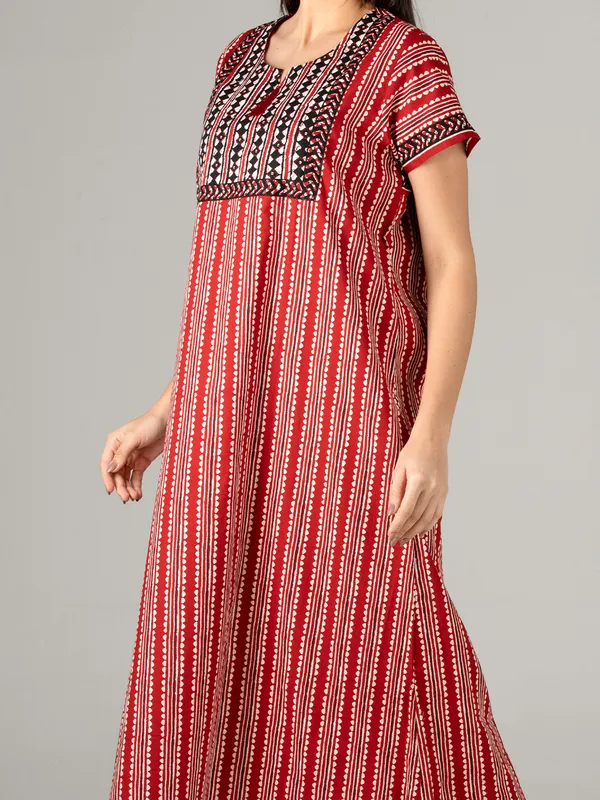 Evolove_Women's_Red_Cotton_Printed_Nighty_|_Soft_Breathable_Full_Length_Night_Gown_with_Contrast_Bib_Yoke_&_Tassel_|_Daily_Wear_Loungewear
