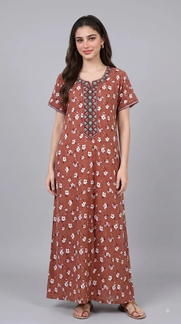 Maroon_Viscose_Short_Sleeves_Long_Maxi_Night_Gown