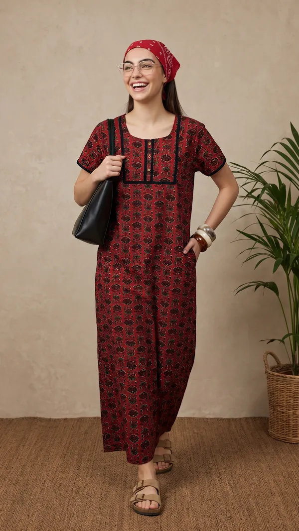 Evolove_Women's_Dark_Red_100%_Cotton_Printed_Button_Down_Long_Nighty_|_Soft_Breathable_Floral_Printed_Full_Length_Night_Gown_with_Yoke_Piping_|_Comfortable_Sleepwear_&_Home_Wear_|_Coconut_Buttons