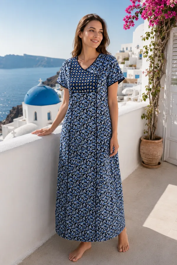 Evolove_Cotton_Nighty_Maxi_For_Women_With_Side_Pocket_|Contrast_Yoke_Patch_Print_|_V-Neck_Printed_Short_Sleeves_Full_Length_Night_Wear_Gown_Light_Navy_Blue_(Angrakha_Style)