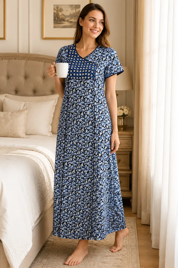 Evolove_Cotton_Nighty_Maxi_For_Women_With_Side_Pocket_|Contrast_Yoke_Patch_Print_|_V-Neck_Printed_Short_Sleeves_Full_Length_Night_Wear_Gown_Light_Navy_Blue_(Angrakha_Style)