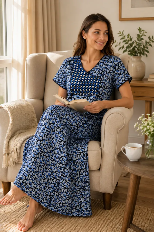 Evolove_Cotton_Nighty_Maxi_For_Women_With_Side_Pocket_|Contrast_Yoke_Patch_Print_|_V-Neck_Printed_Short_Sleeves_Full_Length_Night_Wear_Gown_Light_Navy_Blue_(Angrakha_Style)
