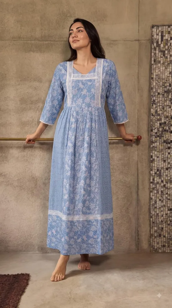 Evolove_X_Farasha_Butterfly_Cotton_Maxi_Nightdress_For_Women_|_Flared_Long_Nightgown_With_3/4_Sleeves_|_Soft_&_Comfortable_Cotton_Nightwear