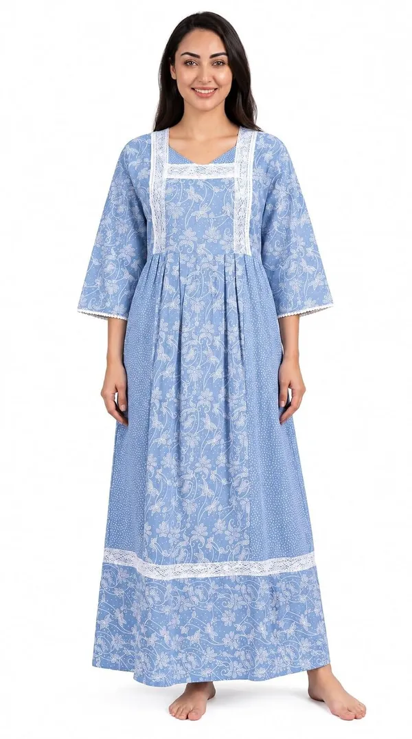 Evolove_X_Farasha_Butterfly_Cotton_Maxi_Nightdress_For_Women_|_Flared_Long_Nightgown_With_3/4_Sleeves_|_Soft_&_Comfortable_Cotton_Nightwear