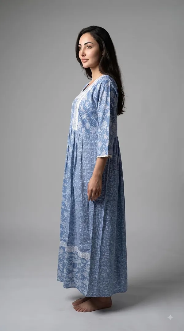 Evolove_X_Farasha_Butterfly_Cotton_Maxi_Nightdress_For_Women_|_Flared_Long_Nightgown_With_3/4_Sleeves_|_Soft_&_Comfortable_Cotton_Nightwear