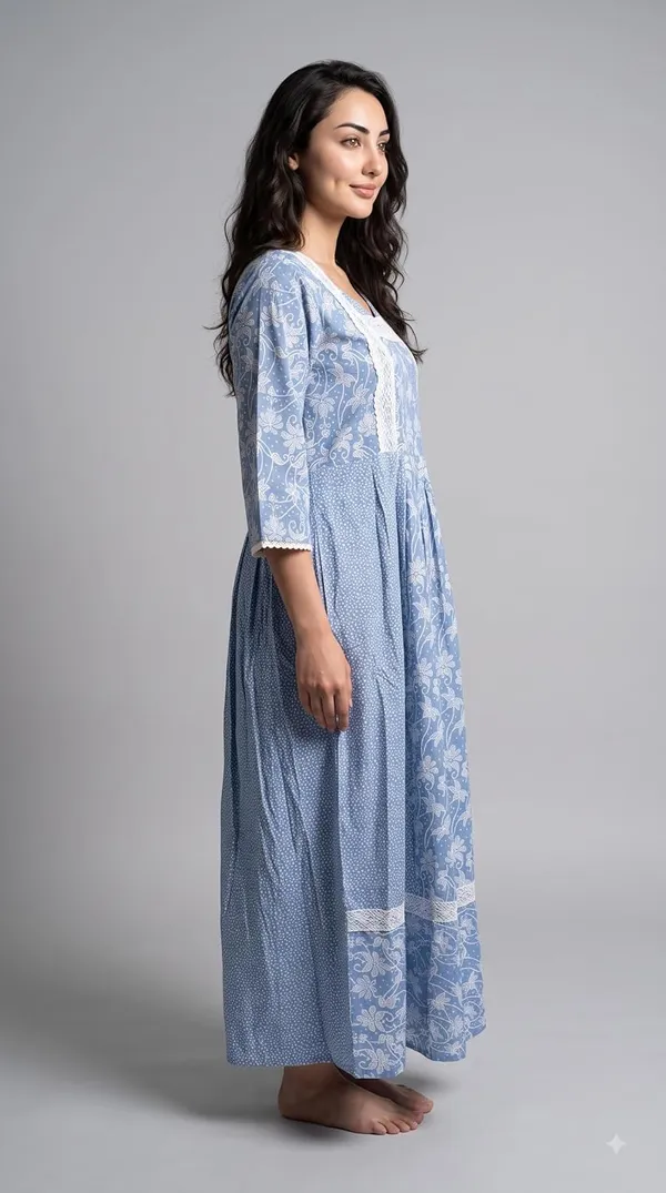 Evolove_X_Farasha_Butterfly_Cotton_Maxi_Nightdress_For_Women_|_Flared_Long_Nightgown_With_3/4_Sleeves_|_Soft_&_Comfortable_Cotton_Nightwear