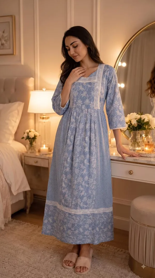 Evolove_X_Farasha_Butterfly_Cotton_Maxi_Nightdress_For_Women_|_Flared_Long_Nightgown_With_3/4_Sleeves_|_Soft_&_Comfortable_Cotton_Nightwear