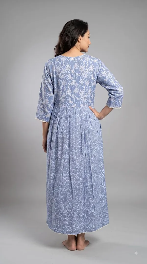 Evolove_X_Farasha_Butterfly_Cotton_Maxi_Nightdress_For_Women_|_Flared_Long_Nightgown_With_3/4_Sleeves_|_Soft_&_Comfortable_Cotton_Nightwear