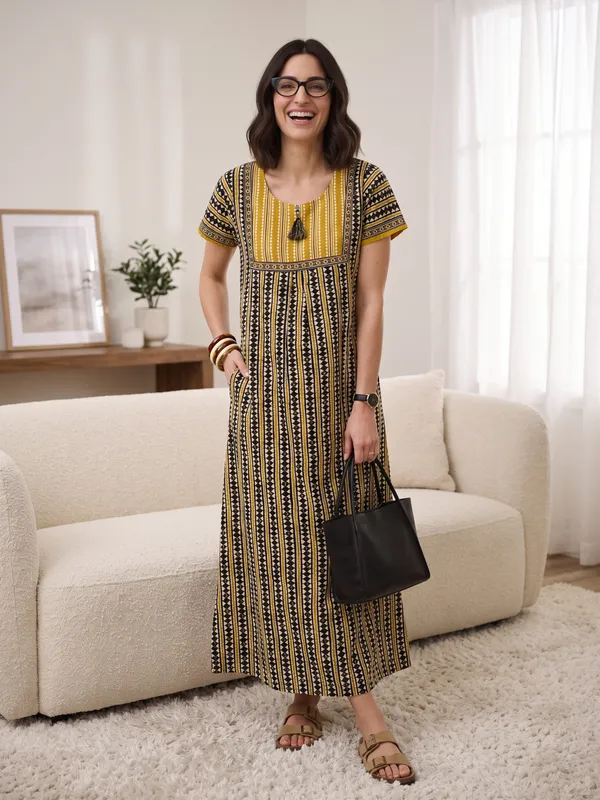 Evolove_Women's_Dark_YellowCotton_Printed_Nighty_|_Soft_Breathable_Full_Length_Night_Gown_with_Contrast_Bib_Yoke_&_Tassel_|_Daily_Wear_Loungewear