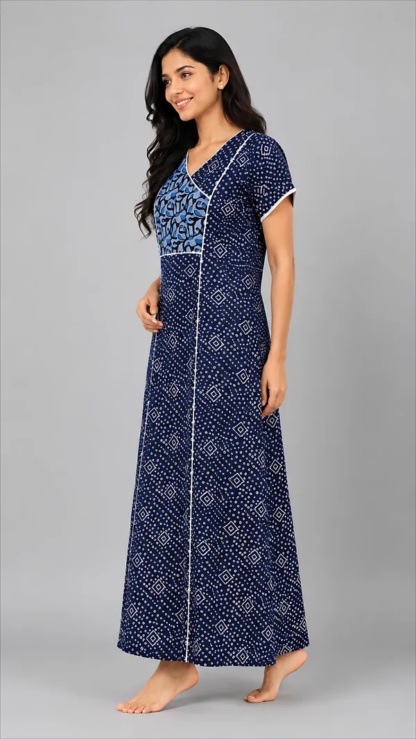 Evolove_Cotton_Nighty_Maxi_For_Women_With_Side_Pocket_|_V-Neck_Printed_Short_Sleeves_Full_Length_Night_Wear_Gown_Navy_(Angrakha_Style)
