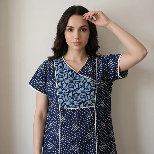 Evolove_Cotton_Nighty_Maxi_For_Women_With_Side_Pocket_|_V-Neck_Printed_Short_Sleeves_Full_Length_Night_Wear_Gown_Navy_(Angrakha_Style)