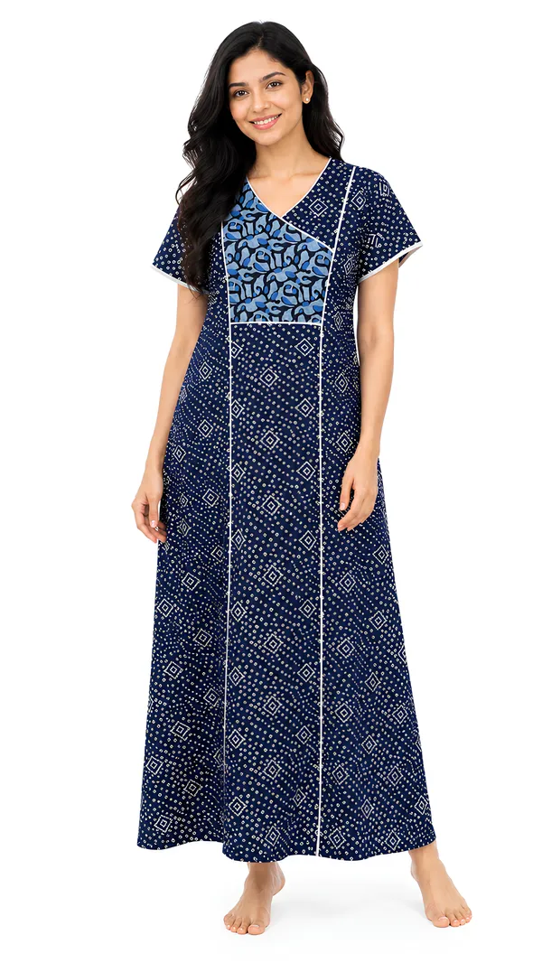 Evolove_Cotton_Nighty_Maxi_For_Women_With_Side_Pocket_|_V-Neck_Printed_Short_Sleeves_Full_Length_Night_Wear_Gown_Navy_(Angrakha_Style)