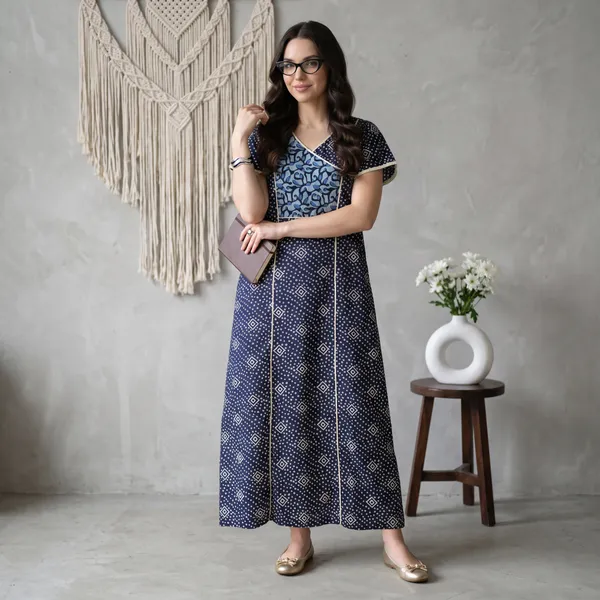 Evolove_Cotton_Nighty_Maxi_For_Women_With_Side_Pocket_|_V-Neck_Printed_Short_Sleeves_Full_Length_Night_Wear_Gown_Navy_(Angrakha_Style)