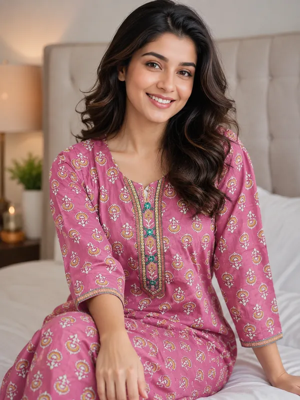 Evolove_Cotton_Printed_Kurti_for_Women_|_3/4_Sleeves_Ethnic_Straight_Kurta_with_Contrast_Round_Neck_Design_|_Soft_&_Comfortable