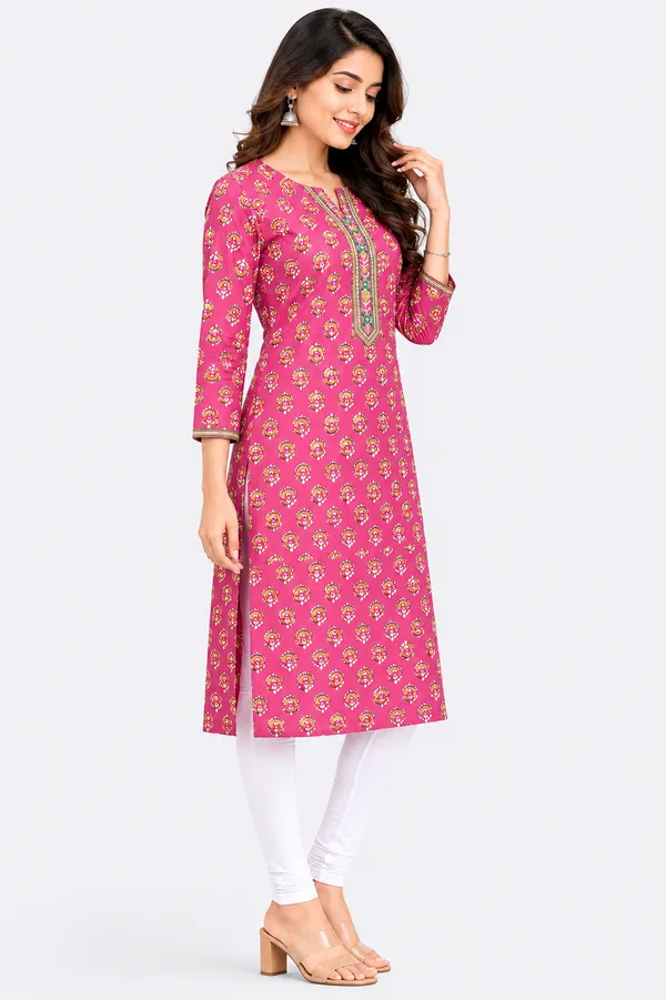 Evolove_Cotton_Printed_Kurti_for_Women_|_3/4_Sleeves_Ethnic_Straight_Kurta_with_Contrast_Round_Neck_Design_|_Soft_&_Comfortable