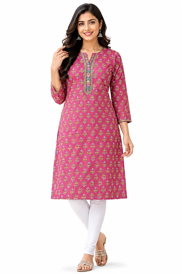 Evolove_Cotton_Printed_Kurti_for_Women_|_3/4_Sleeves_Ethnic_Straight_Kurta_with_Contrast_Round_Neck_Design_|_Soft_&_Comfortable