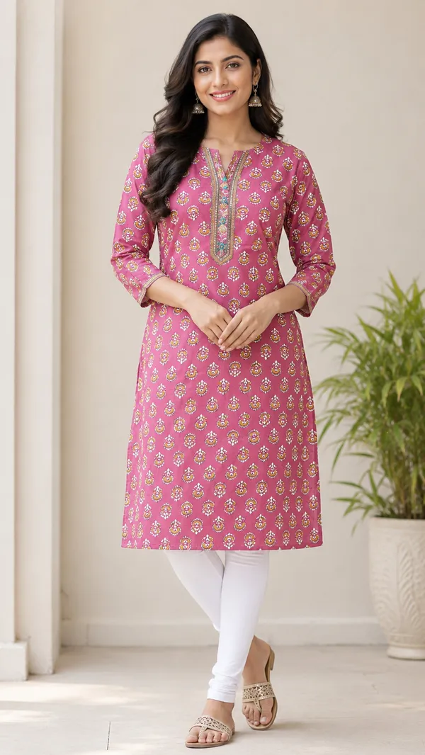 Evolove_Cotton_Printed_Kurti_for_Women_|_3/4_Sleeves_Ethnic_Straight_Kurta_with_Contrast_Round_Neck_Design_|_Soft_&_Comfortable