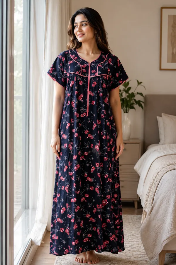 Evolove_Premium_Rayon_Comfort_|_Soft_Printed_Full_Length_Night_Gown_with_Front_Zipper_&_Contrast_Saddle_Stitch_Detail_|_Floral_Print_Soft_&_Comfortable_Nightgown_For_Women_|_Viscose_Maxi_Nighty_&_Everyday_Sleepwear.