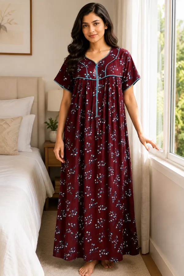 Evolove_Premium_Rayon_Comfort_|_Style_with_Zipper_|_Floral_Print_Soft_&_Comfortable_Nightgown_For_Women_|_Contrast_Sadle_Stich_Style_|_Viscose_Maxi_Nighty_&_Everyday_Sleepwear