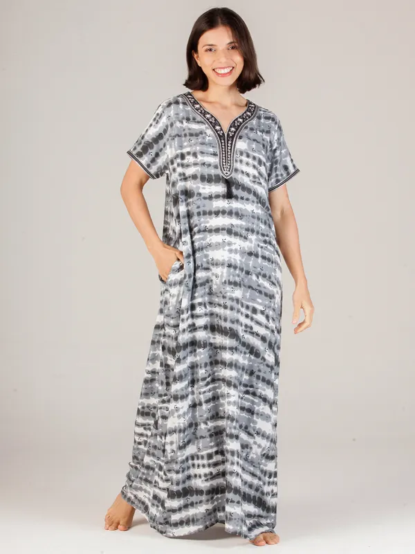 Evolove_Women's_Grey_Rayon_Embroidered_Nighty_with_Tassel_|_Soft_Breathable_Full_Length_Cotton_Feel_Lounge_&_SleepwearNighty_Maxi_For_Women_With_Side_Pocket_|_Printed_Short_Sleeves_Full_Length_Soft_Night_Wear_Gown