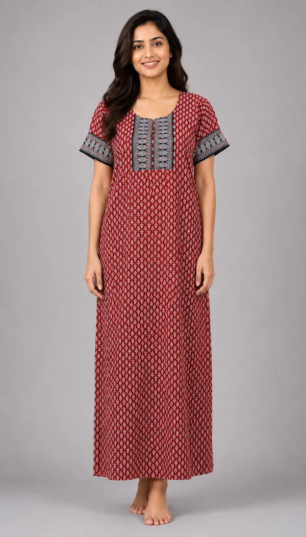 Evolove_Women's_Cotton_Contrast_Patch_Nighty_|_Soft_Breathable_Full_Length_Floral_Printed_Night_Gown_with_Designer_Yoke_|_Half_Sleeve_with_Side_Pocket|_Comfortable_Sleepwear_&_Home_Wear