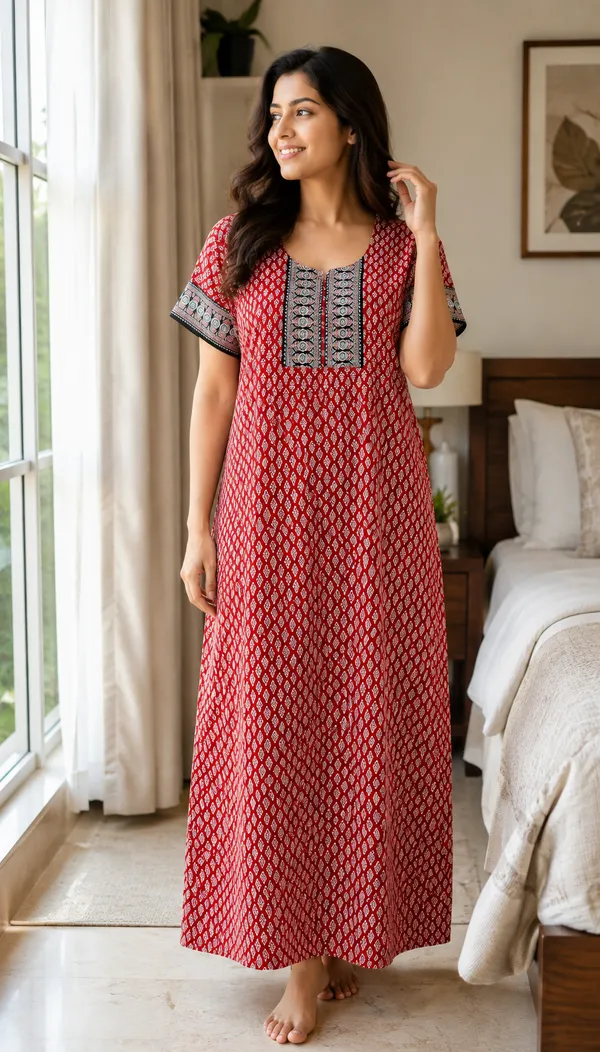 Evolove_Women's_Cotton_Contrast_Patch_Nighty_|_Soft_Breathable_Full_Length_Floral_Printed_Night_Gown_with_Designer_Yoke_|_Half_Sleeve_with_Side_Pocket|_Comfortable_Sleepwear_&_Home_Wear