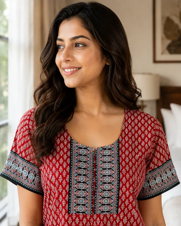 Evolove_Women's_Cotton_Contrast_Patch_Nighty_|_Soft_Breathable_Full_Length_Floral_Printed_Night_Gown_with_Designer_Yoke_|_Half_Sleeve_with_Side_Pocket|_Comfortable_Sleepwear_&_Home_Wear