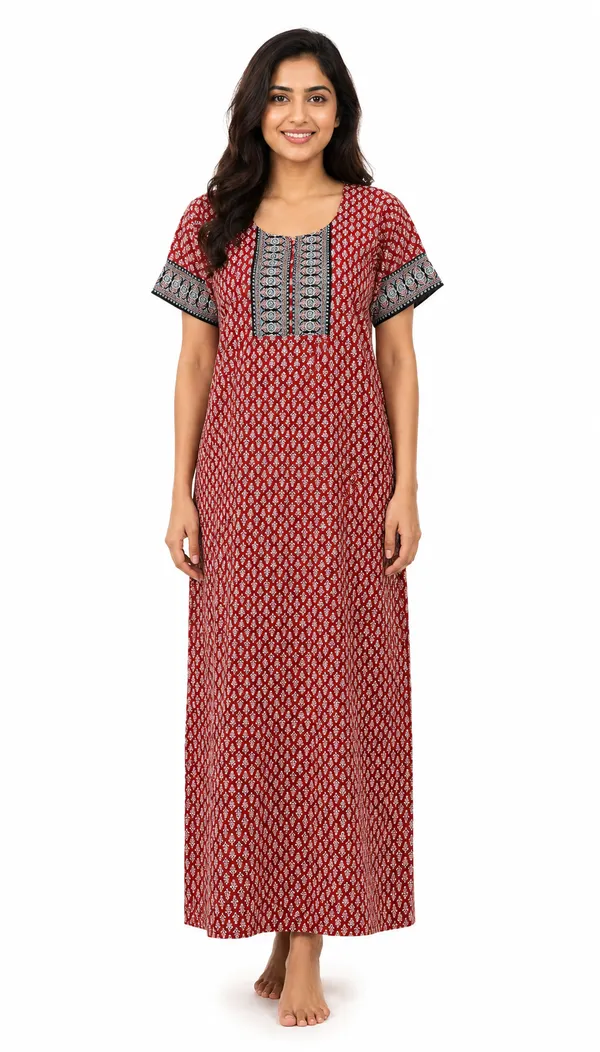 Evolove_Women's_Cotton_Contrast_Patch_Nighty_|_Soft_Breathable_Full_Length_Floral_Printed_Night_Gown_with_Designer_Yoke_|_Half_Sleeve_with_Side_Pocket|_Comfortable_Sleepwear_&_Home_Wear