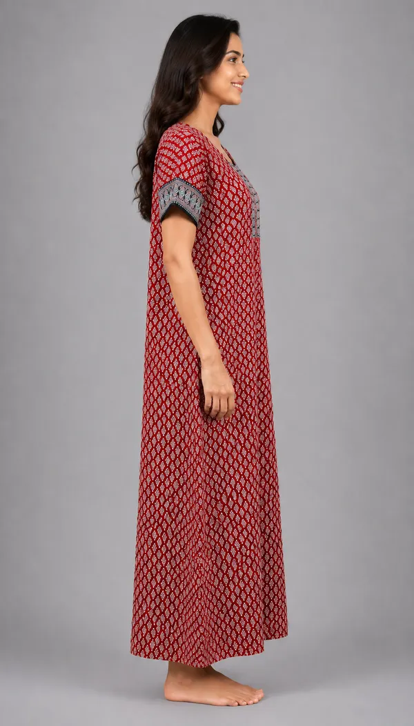 Evolove_Women's_Cotton_Contrast_Patch_Nighty_|_Soft_Breathable_Full_Length_Floral_Printed_Night_Gown_with_Designer_Yoke_|_Half_Sleeve_with_Side_Pocket|_Comfortable_Sleepwear_&_Home_Wear