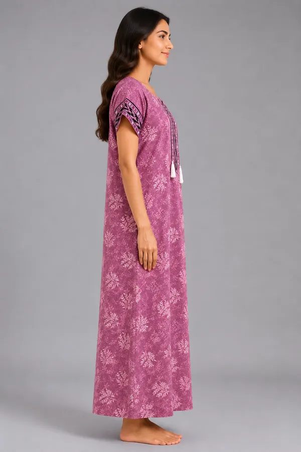 Evolove_Women's_Cotton_Contrast_Patch_Nighty_|_Soft_Breathable_Full_Length_Printed_Night_Gown_with_Designer_Yoke_With_Tussle_|_Half_Sleeve_with_Side_Pocket|_Comfortable_Sleepwear_&_Home_Wear