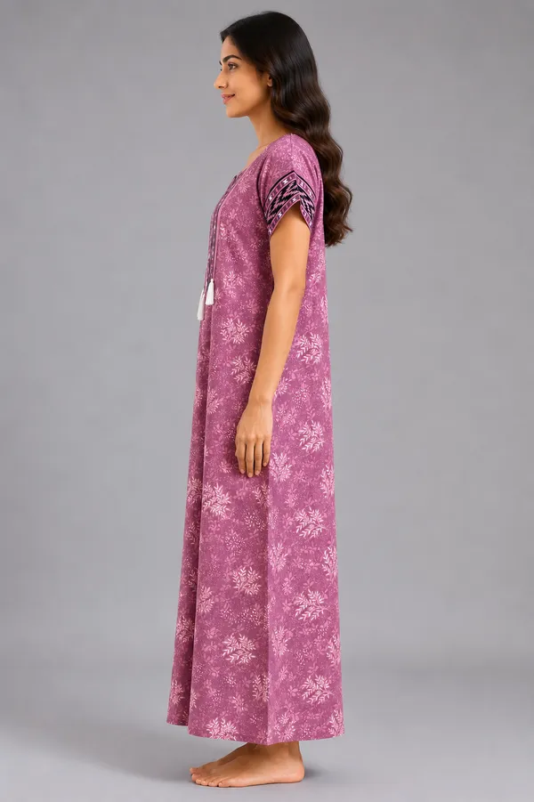 Evolove_Women's_Cotton_Contrast_Patch_Nighty_|_Soft_Breathable_Full_Length_Printed_Night_Gown_with_Designer_Yoke_With_Tussle_|_Half_Sleeve_with_Side_Pocket|_Comfortable_Sleepwear_&_Home_Wear