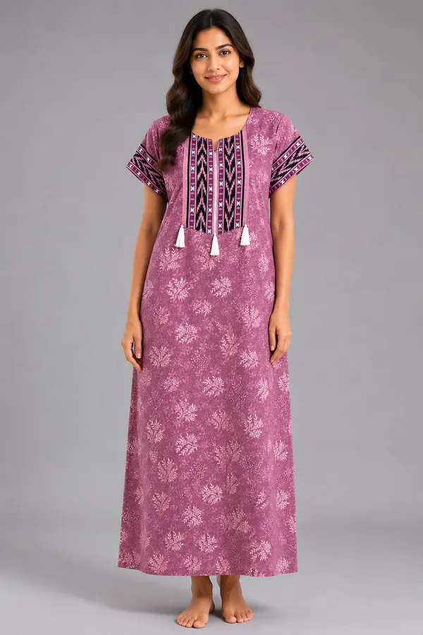 Evolove_Women's_Cotton_Contrast_Patch_Nighty_|_Soft_Breathable_Full_Length_Printed_Night_Gown_with_Designer_Yoke_With_Tussle_|_Half_Sleeve_with_Side_Pocket|_Comfortable_Sleepwear_&_Home_Wear
