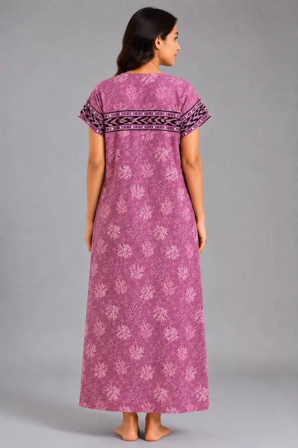 Evolove_Women's_Cotton_Contrast_Patch_Nighty_|_Soft_Breathable_Full_Length_Printed_Night_Gown_with_Designer_Yoke_With_Tussle_|_Half_Sleeve_with_Side_Pocket|_Comfortable_Sleepwear_&_Home_Wear