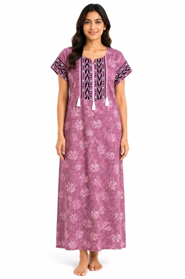 Evolove_Women's_Cotton_Contrast_Patch_Nighty_|_Soft_Breathable_Full_Length_Printed_Night_Gown_with_Designer_Yoke_With_Tussle_|_Half_Sleeve_with_Side_Pocket|_Comfortable_Sleepwear_&_Home_Wear