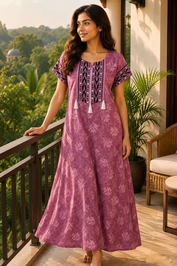 Evolove_Women's_Cotton_Contrast_Patch_Nighty_|_Soft_Breathable_Full_Length_Printed_Night_Gown_with_Designer_Yoke_With_Tussle_|_Half_Sleeve_with_Side_Pocket|_Comfortable_Sleepwear_&_Home_Wear