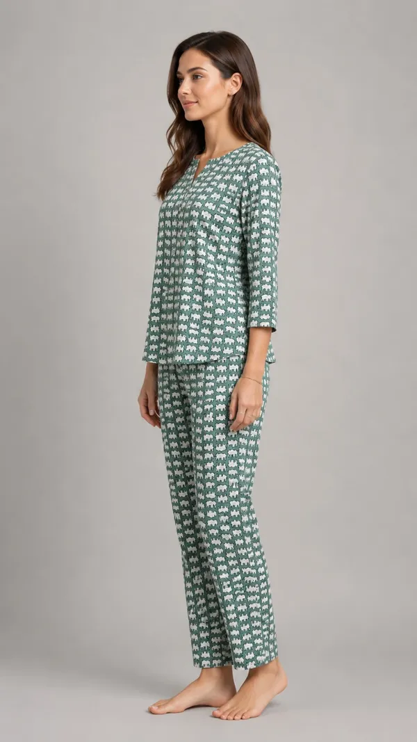 Evolove_Women's_Cotton_Printed_Co-Ord_Set_|_3/4_Sleeve_Top_&_Pyjama_Set_|_Soft_&_Breathable_Lounge_Wear_|_Elephant_Print_Night_Suit_|_Sage_Green
