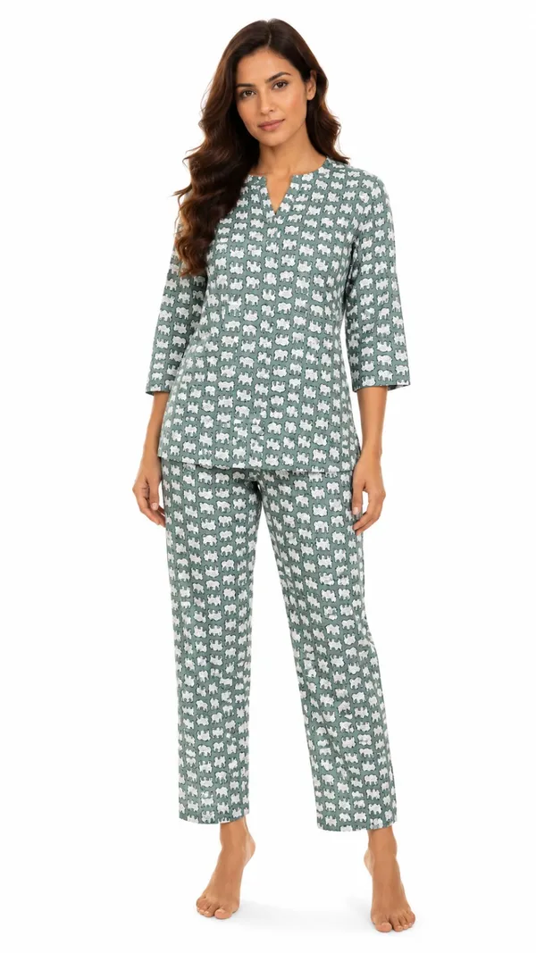 Evolove_Women's_Cotton_Printed_Co-Ord_Set_|_3/4_Sleeve_Top_&_Pyjama_Set_|_Soft_&_Breathable_Lounge_Wear_|_Elephant_Print_Night_Suit_|_Sage_Green