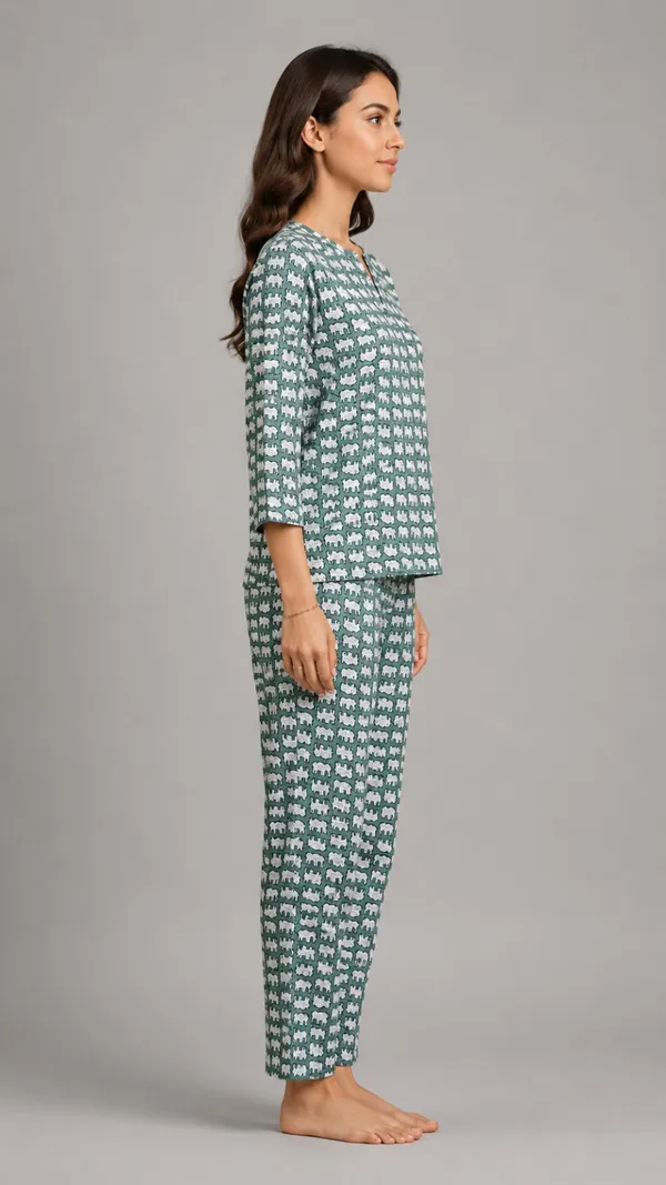 Evolove_Women's_Cotton_Printed_Co-Ord_Set_|_3/4_Sleeve_Top_&_Pyjama_Set_|_Soft_&_Breathable_Lounge_Wear_|_Elephant_Print_Night_Suit_|_Sage_Green