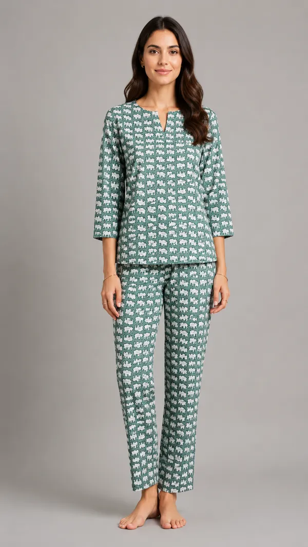 Evolove_Women's_Cotton_Printed_Co-Ord_Set_|_3/4_Sleeve_Top_&_Pyjama_Set_|_Soft_&_Breathable_Lounge_Wear_|_Elephant_Print_Night_Suit_|_Sage_Green