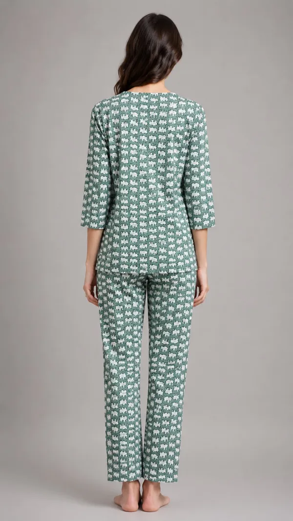 Evolove_Women's_Cotton_Printed_Co-Ord_Set_|_3/4_Sleeve_Top_&_Pyjama_Set_|_Soft_&_Breathable_Lounge_Wear_|_Elephant_Print_Night_Suit_|_Sage_Green