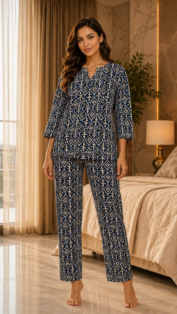 Evolove_Women's_Cotton_Printed_Co-Ord_Set_|_3/4_Sleeve_Top_&_Pyjama_Set_|_Soft_&_Breathable_Lounge_Wear_|_Ethnic_Ikat_Block_Print_Night_Suit_|_Navy_Blue_&_White