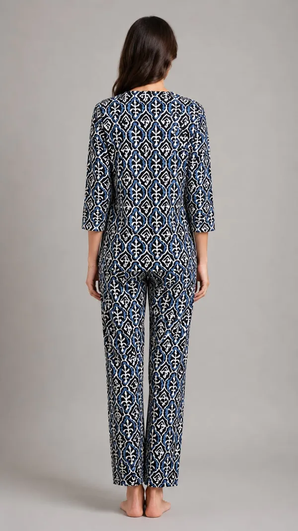 Evolove_Women's_Cotton_Printed_Co-Ord_Set_|_3/4_Sleeve_Top_&_Pyjama_Set_|_Soft_&_Breathable_Lounge_Wear_|_Ethnic_Ikat_Block_Print_Night_Suit_|_Navy_Blue_&_White
