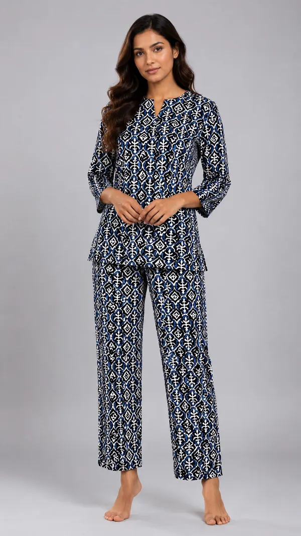 Evolove_Women's_Cotton_Printed_Co-Ord_Set_|_3/4_Sleeve_Top_&_Pyjama_Set_|_Soft_&_Breathable_Lounge_Wear_|_Ethnic_Ikat_Block_Print_Night_Suit_|_Navy_Blue_&_White