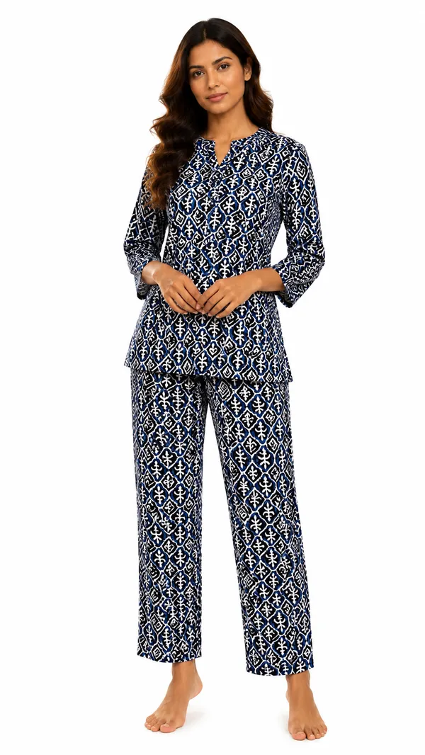 Evolove_Women's_Cotton_Printed_Co-Ord_Set_|_3/4_Sleeve_Top_&_Pyjama_Set_|_Soft_&_Breathable_Lounge_Wear_|_Ethnic_Ikat_Block_Print_Night_Suit_|_Navy_Blue_&_White