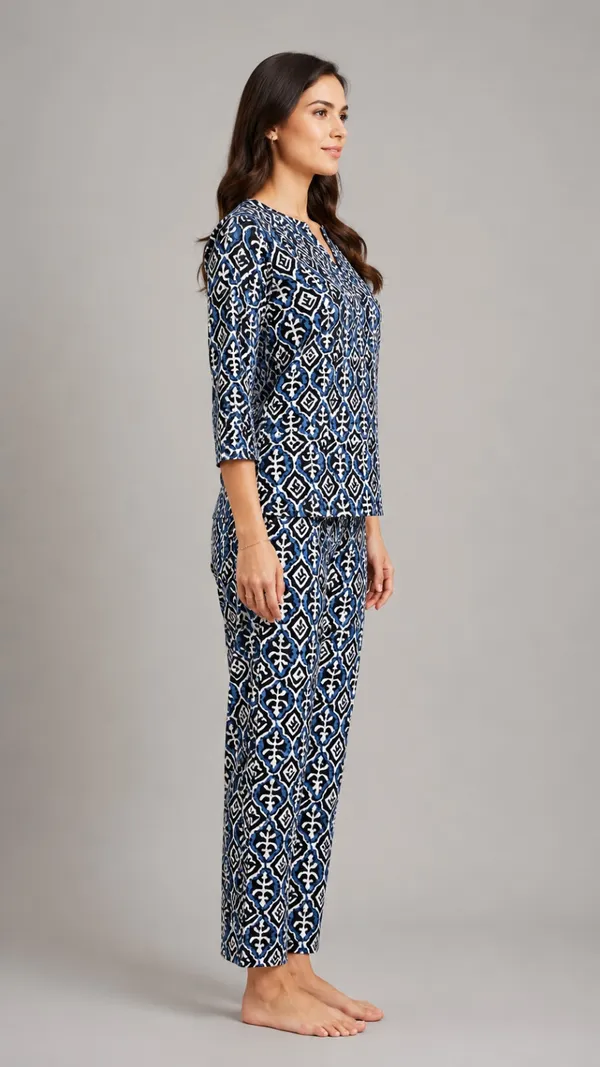 Evolove_Women's_Cotton_Printed_Co-Ord_Set_|_3/4_Sleeve_Top_&_Pyjama_Set_|_Soft_&_Breathable_Lounge_Wear_|_Ethnic_Ikat_Block_Print_Night_Suit_|_Navy_Blue_&_White